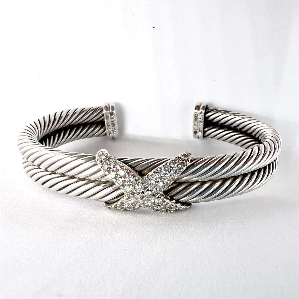 David Yurman Sterling Silver Double Row Diamond X Cable Bracelet